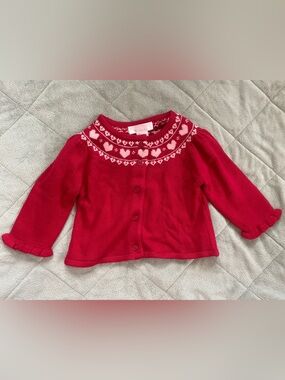 Janie and Jack Red Knit Cardigan with Pink Heart Yoke